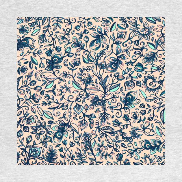 Teal Garden - floral doodle pattern in cream & navy blue by micklyn